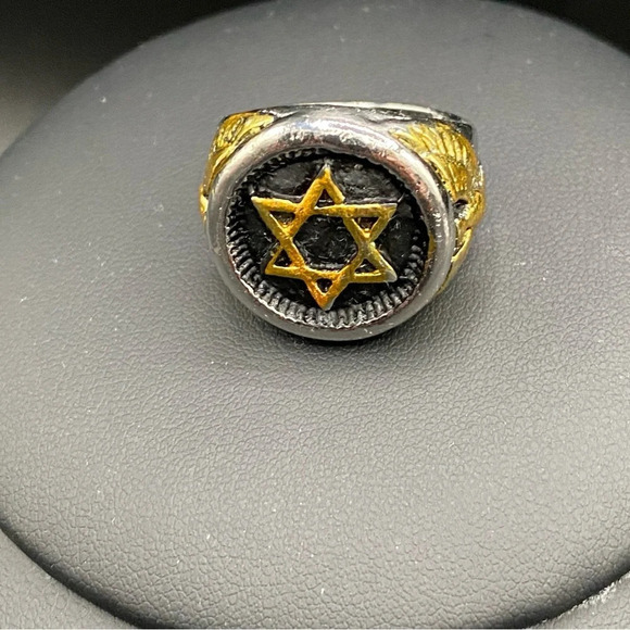 Gold Plated Stainless Steel 6 Point Star Ring with Eagle Design Size 8 - Picture 6 of 11